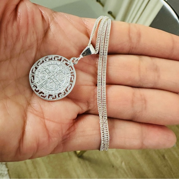 Sterling Silver 925 Pendant, Necklace Greco Style Solid Saint Benedict Protector - Picture 5 of 11